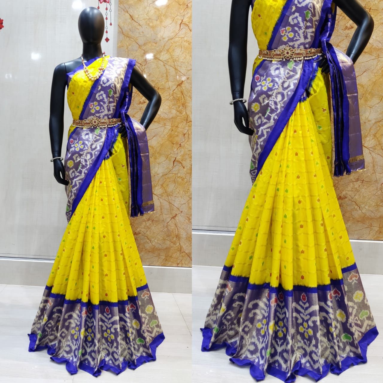 Blue And Yellow Pochampally Ikkat Silk Saree Designr Me Pattu sarees are mainly south indian sarees with silk texture. blue and yellow pochampally ikkat silk