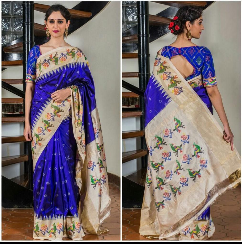 Blue And Cream Coloured Pochampally Ikkat Silk Saree Designr Me The borders and the pallu feature intricate elephant and parrot motifs. blue and cream coloured pochampally