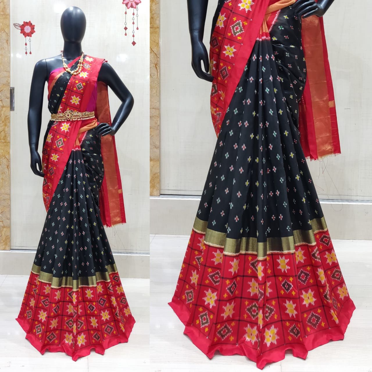 Black and Red Handwoven Gadwal Silk Saree – EARTHICA