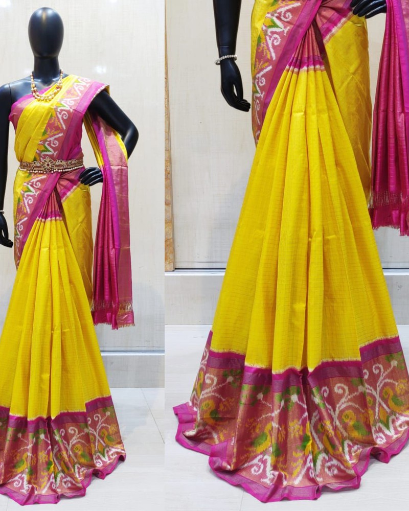 Yellow pink ikkat saree outlet